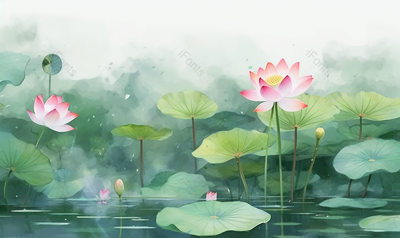 二十四节气夏季夏天立夏小暑云雾水雾池塘荷塘水塘荷花荷叶绿色背景插画,插画/手绘图,插画/手绘图库,插画/手绘图下载,插画/手绘